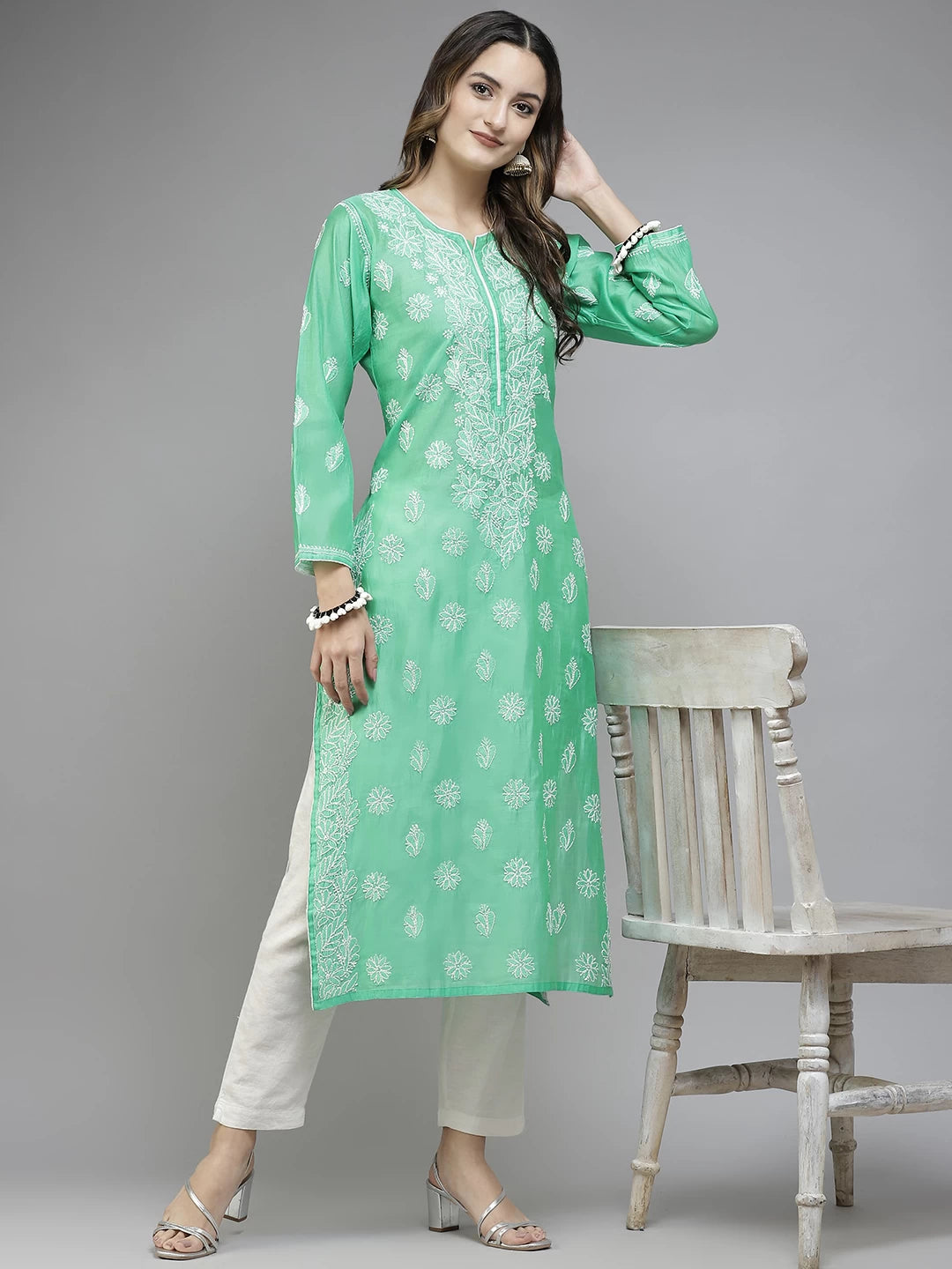 Ada Hand Embroidered Green Chanderi Lucknowi Chikan Straight Kurta A411396