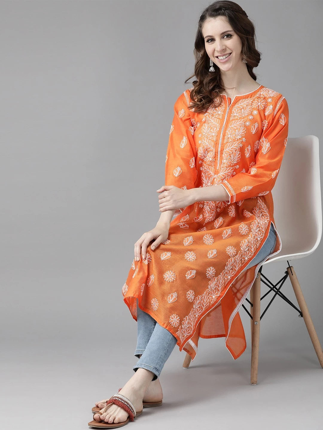 Ada Hand Embroidered Orange Chanderi Lucknow Chikankari Kurti A411177