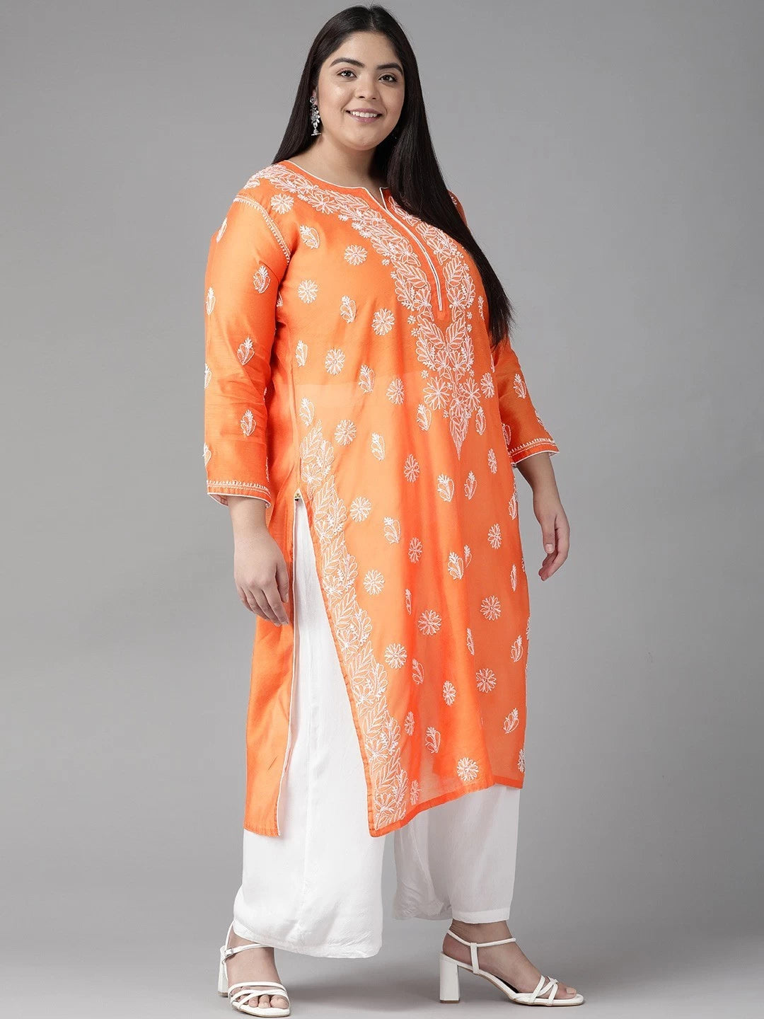 Ada Hand Embroidered Orange Chanderi Lucknow Chikankari Kurti A411177