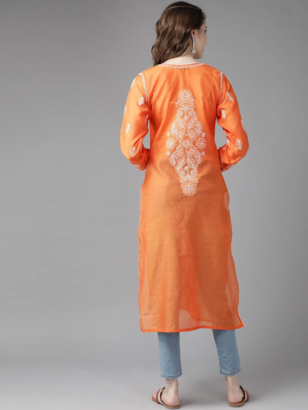 Ada Hand Embroidered Orange Chanderi Lucknow Chikankari Kurti A411177