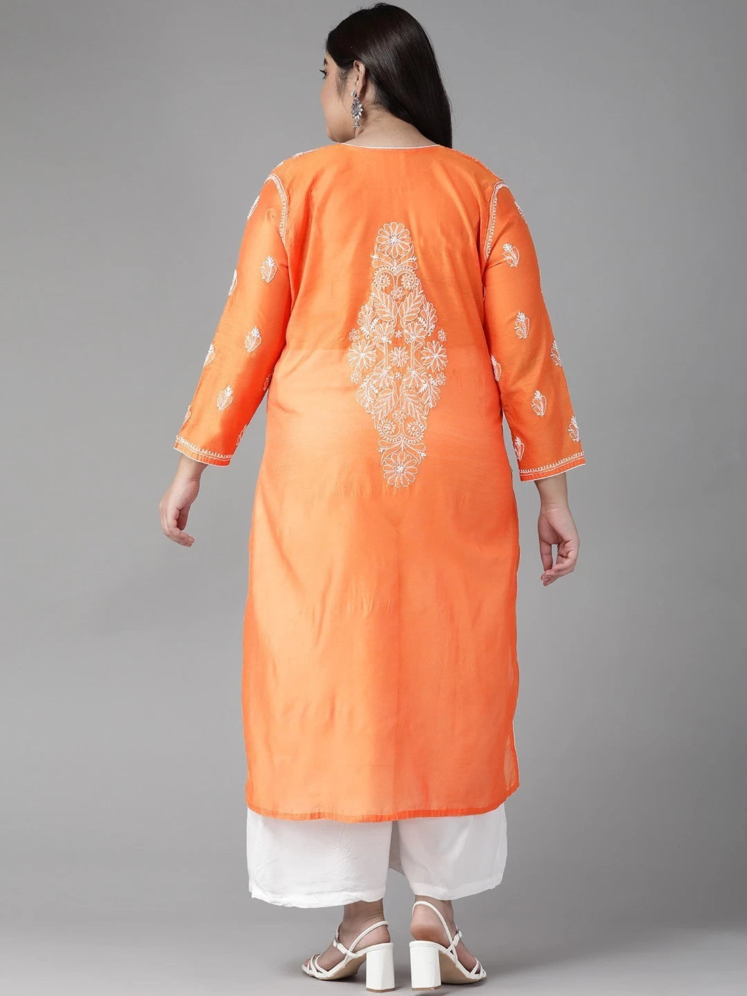 Ada Hand Embroidered Orange Chanderi Lucknow Chikankari Kurti A411177