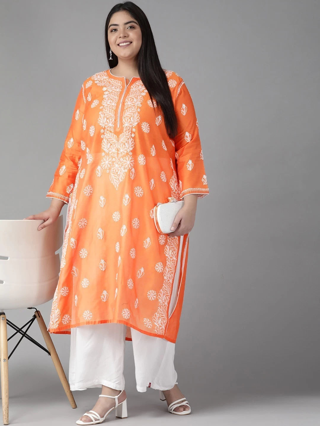 Ada Hand Embroidered Orange Chanderi Lucknow Chikankari Kurti A411177
