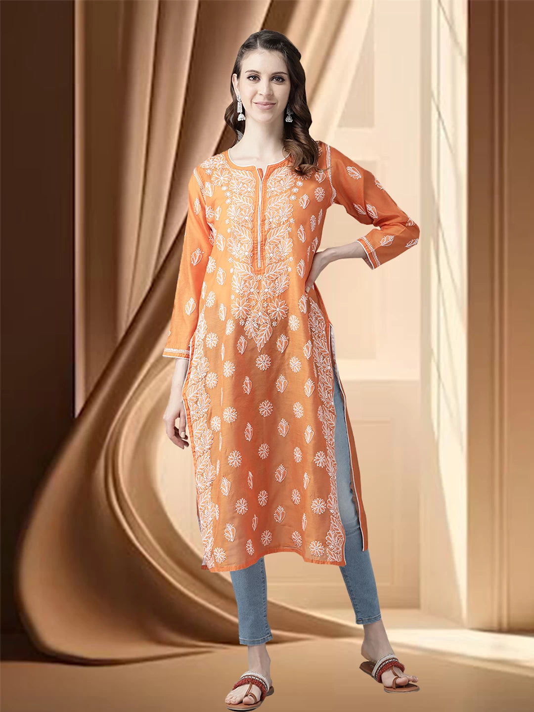 Ada Hand Embroidered Orange Chanderi Lucknow Chikankari Kurti A411177
