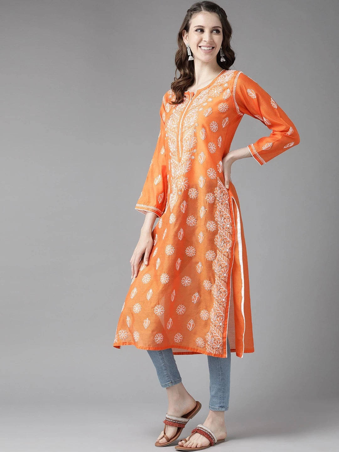 Ada Hand Embroidered Orange Chanderi Lucknow Chikankari Kurti A411177