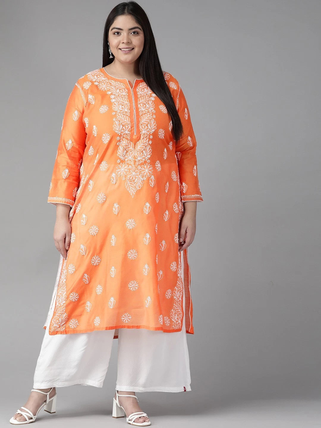 Ada Hand Embroidered Orange Chanderi Lucknow Chikankari Kurti A411177