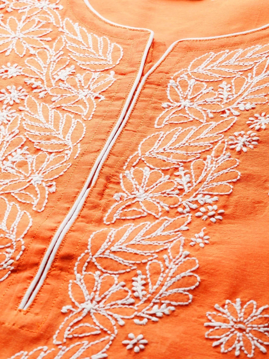 Ada Hand Embroidered Orange Chanderi Lucknow Chikankari Kurti A411177