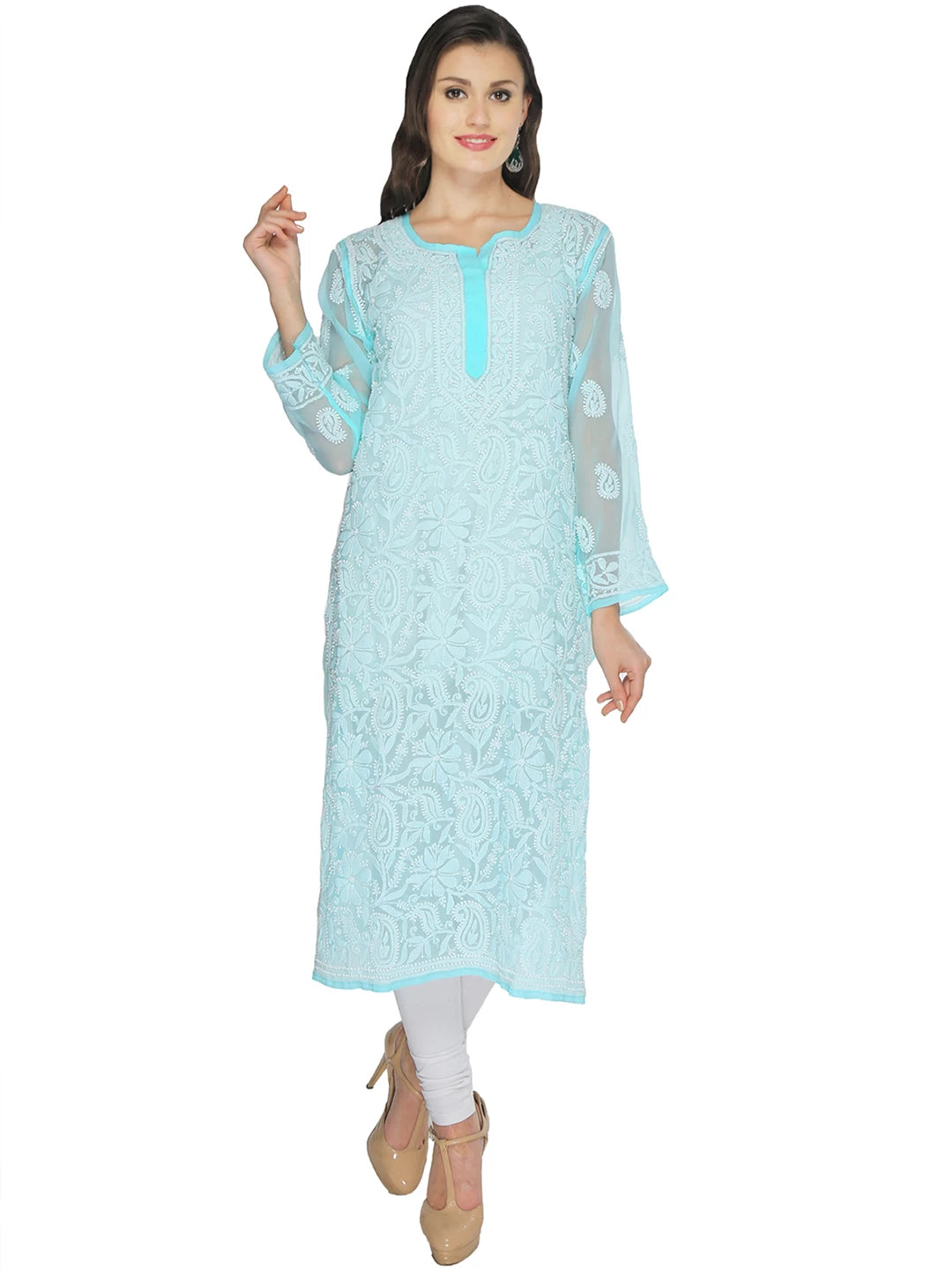 Ada Hand Embroidered Blue Georgette Lucknowi Chikankari Straight Kurta With Slip A105276