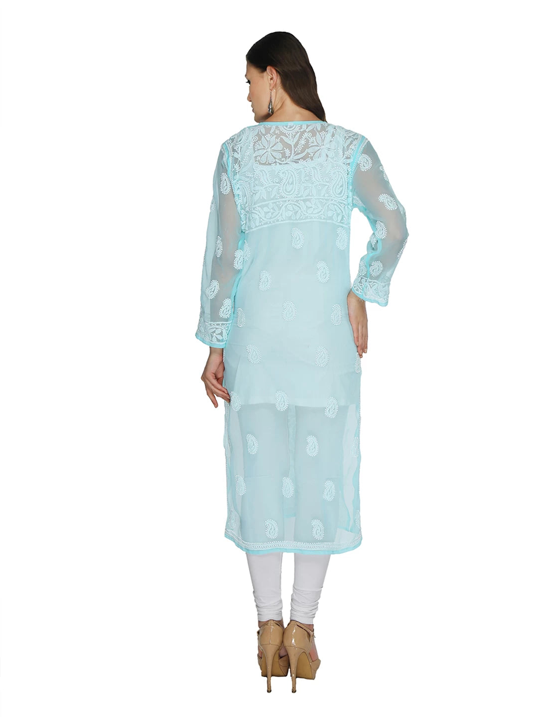 Ada Hand Embroidered Blue Georgette Lucknowi Chikankari Straight Kurta With Slip A105276