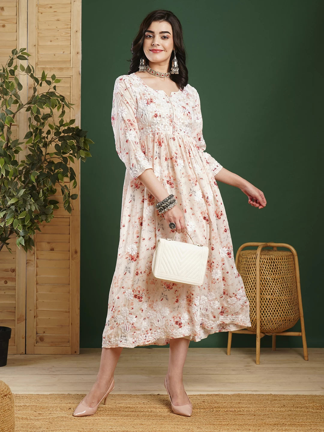 Ada Hand Embroidered Peach Cotton Floral Printed Lucknowi Chikankari A-Line Dress/Kurta 01A460952