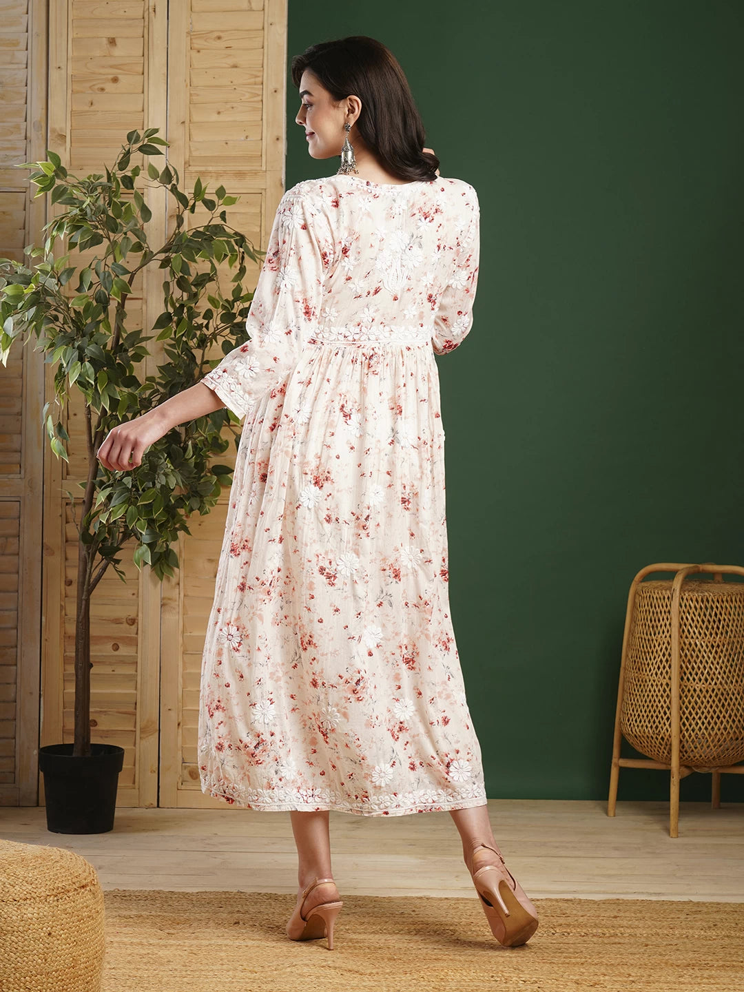 Ada Hand Embroidered Peach Cotton Floral Printed Lucknowi Chikankari A-Line Dress/Kurta 01A460952