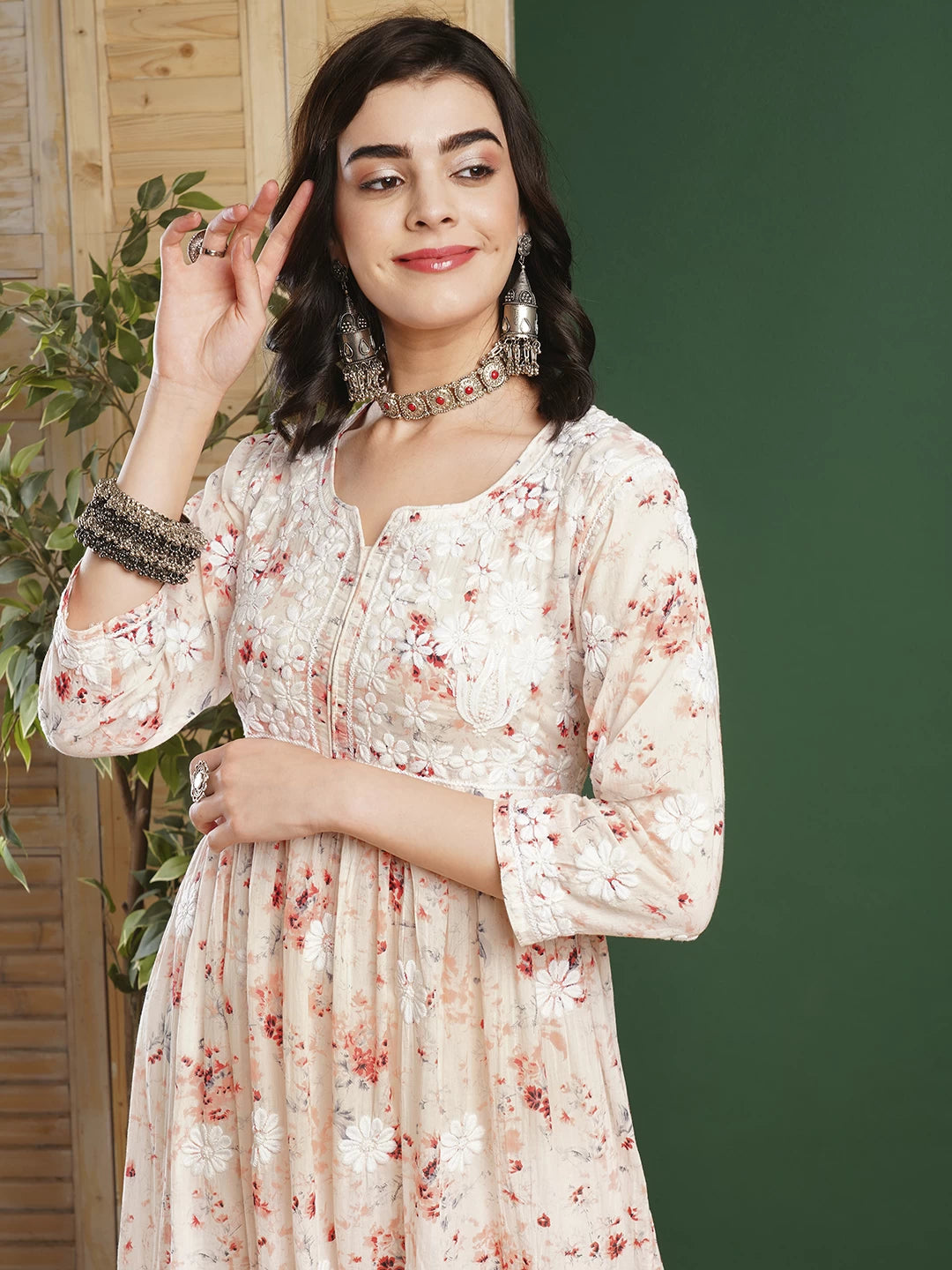 Ada Hand Embroidered Peach Cotton Floral Printed Lucknowi Chikankari A-Line Dress/Kurta 01A460952