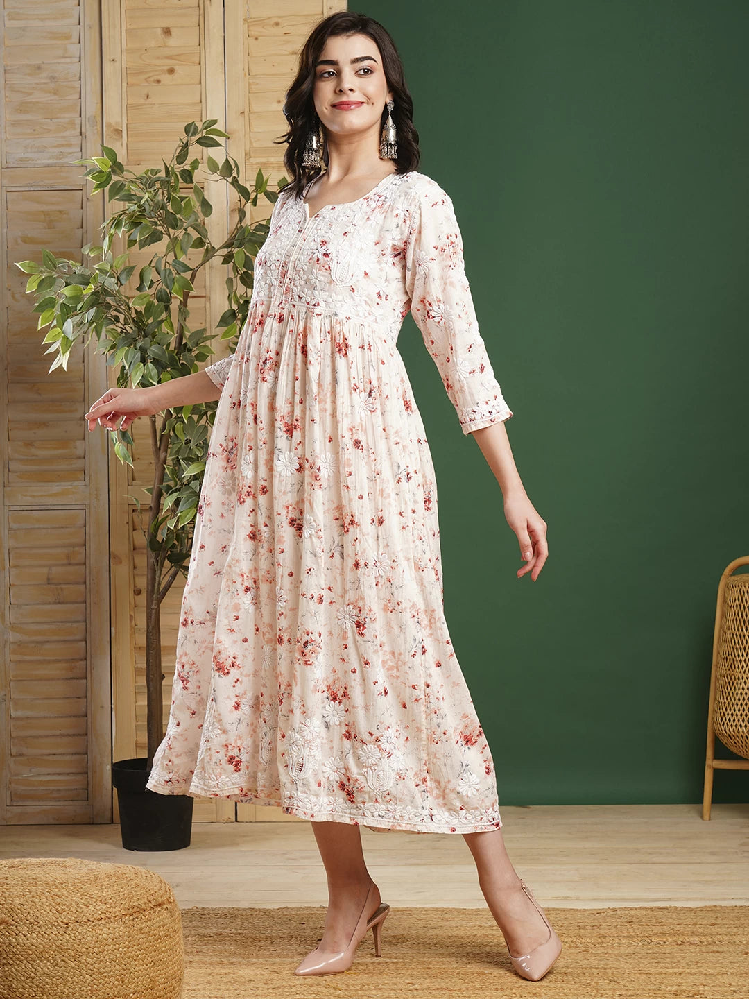 Ada Hand Embroidered Peach Cotton Floral Printed Lucknowi Chikankari A-Line Dress/Kurta 01A460952