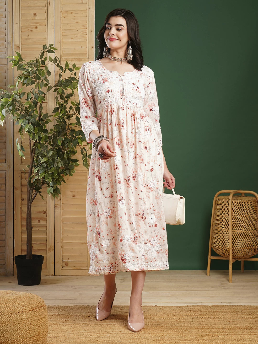 Ada Hand Embroidered Peach Cotton Floral Printed Lucknowi Chikankari A-Line Dress/Kurta 01A460952