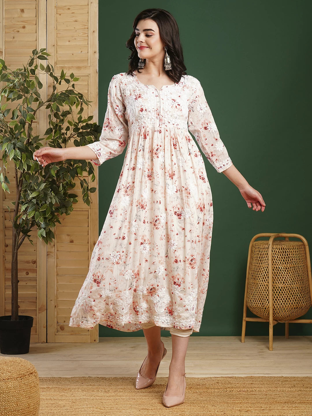 Ada Hand Embroidered Peach Cotton Floral Printed Lucknowi Chikankari A-Line Dress/Kurta 01A460952