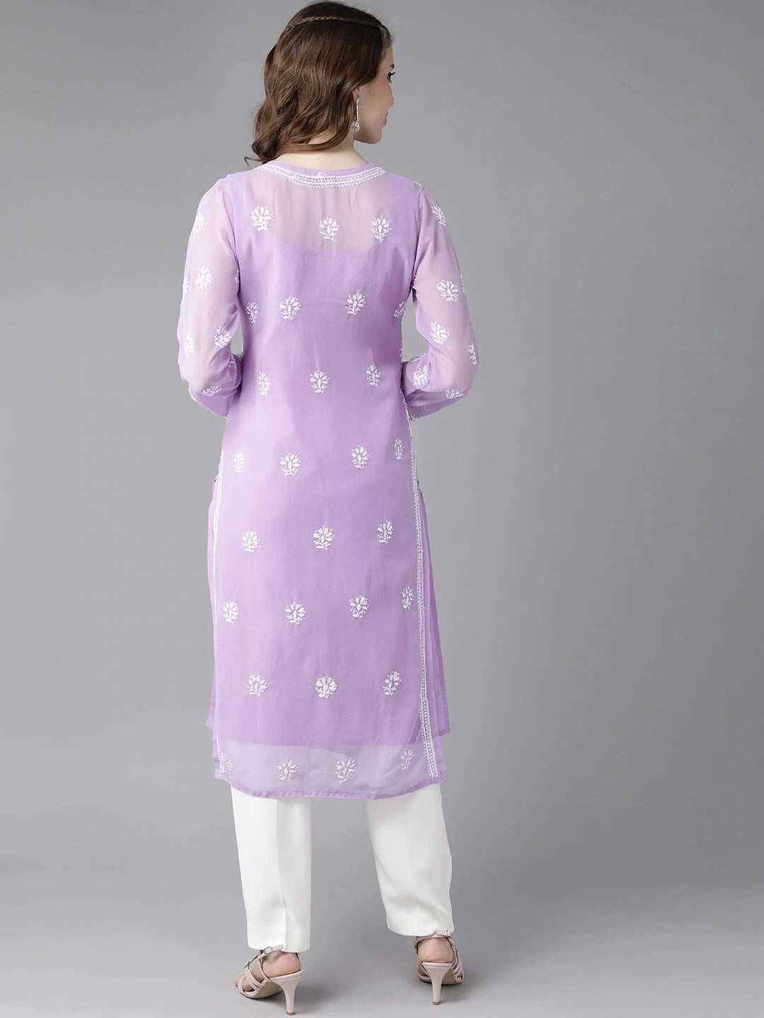 Ada Hand Embroidered Mauve Georgette Lucknowi Chikankari Straight Kurta With Slip A90351