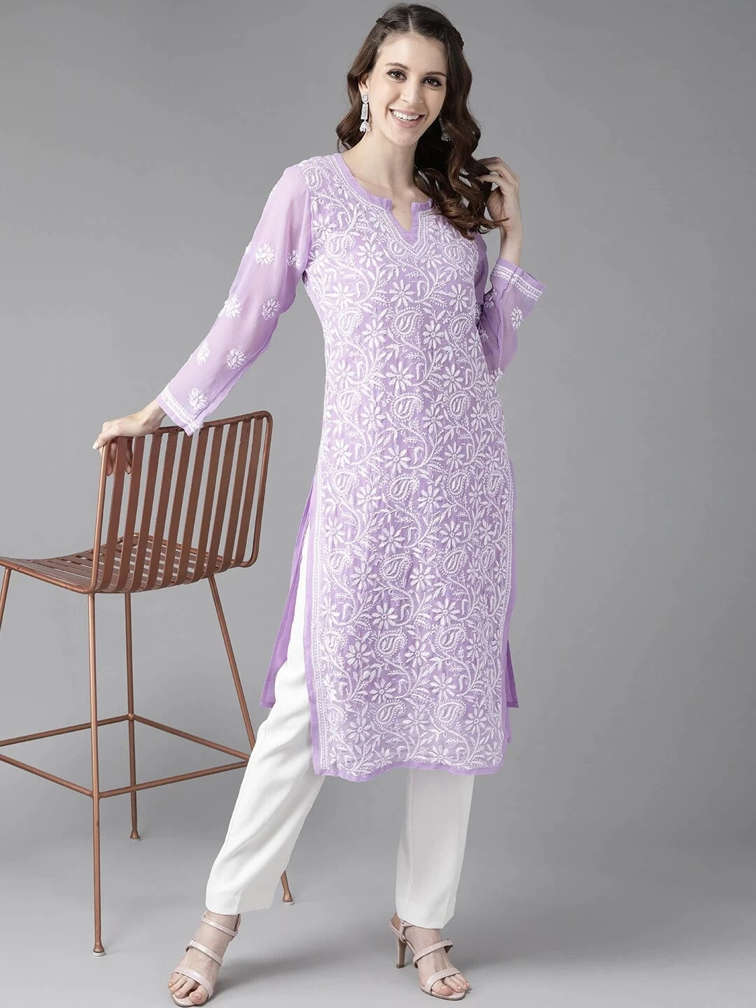 Ada Hand Embroidered Mauve Georgette Lucknowi Chikankari Straight Kurta With Slip A90351