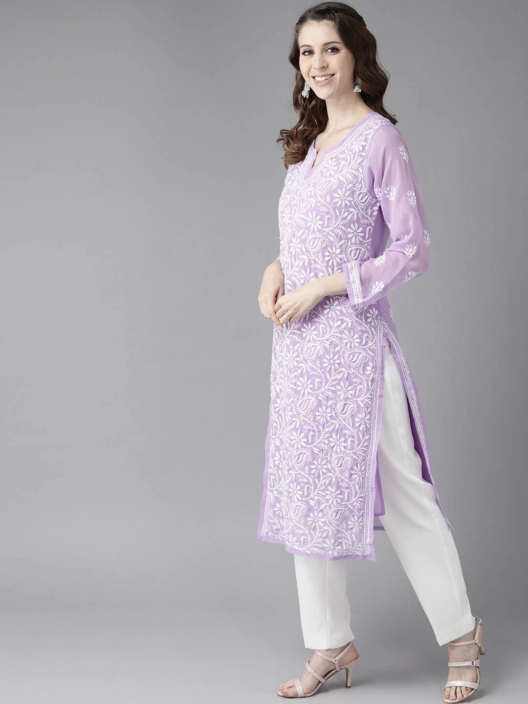 Ada Hand Embroidered Mauve Georgette Lucknowi Chikankari Straight Kurta With Slip A90351