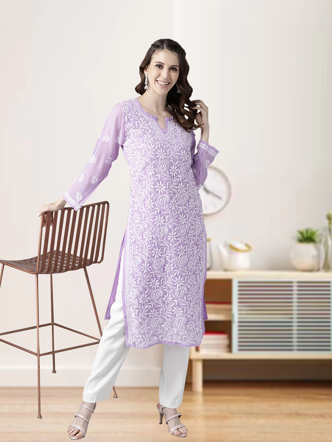 Ada Hand Embroidered Mauve Georgette Lucknowi Chikankari Straight Kurta With Slip A90351