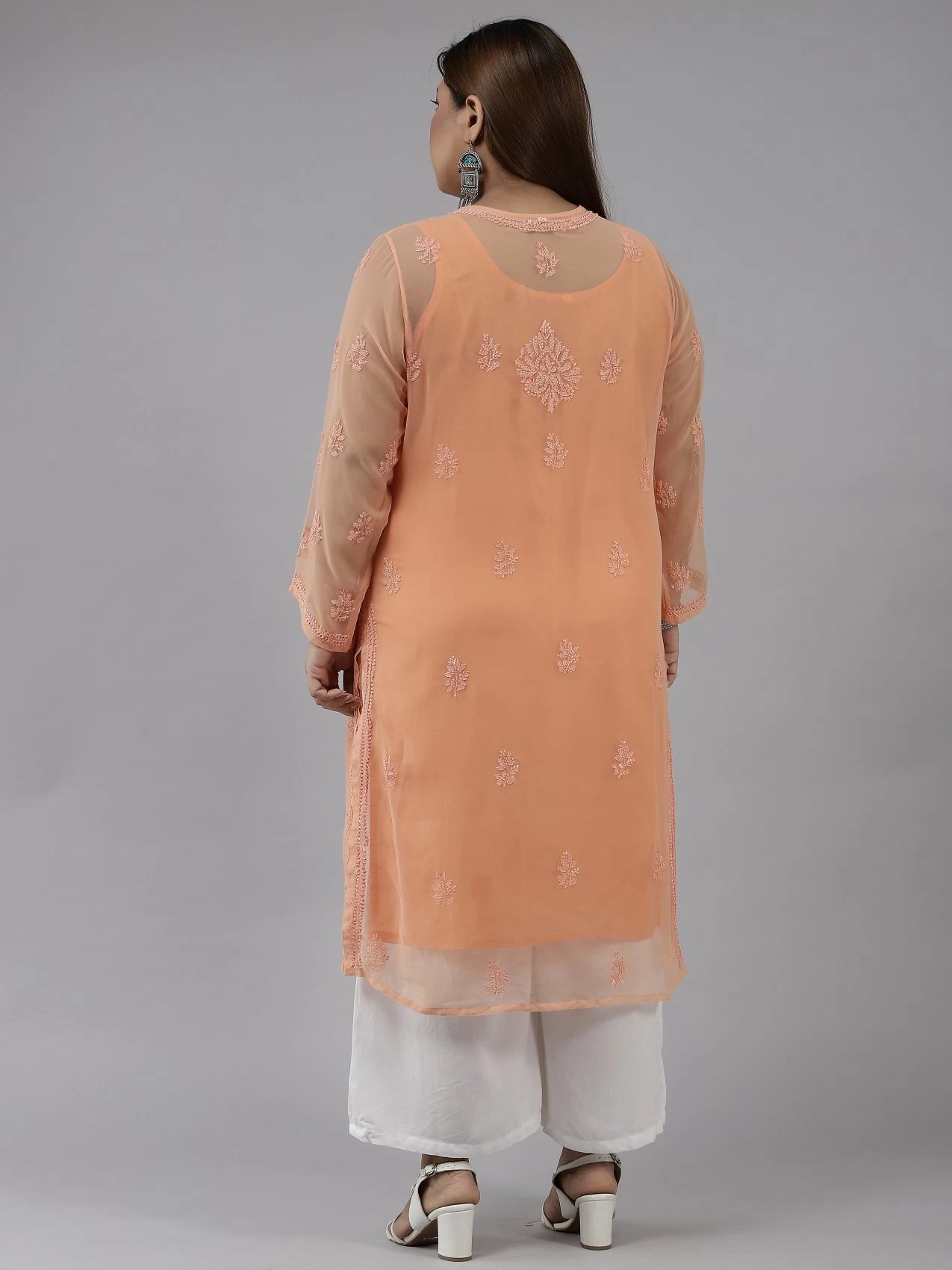 Ada Hand Embroidered Peach Georgette Lucknowi Chikankari Straight Kurta With Slip A100280
