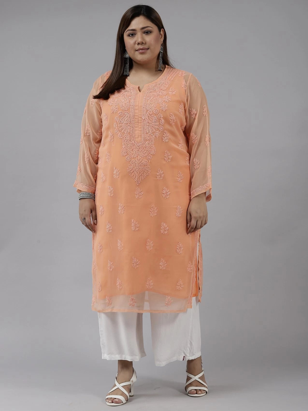 Ada Hand Embroidered Peach Georgette Lucknowi Chikankari Straight Kurta With Slip A100280