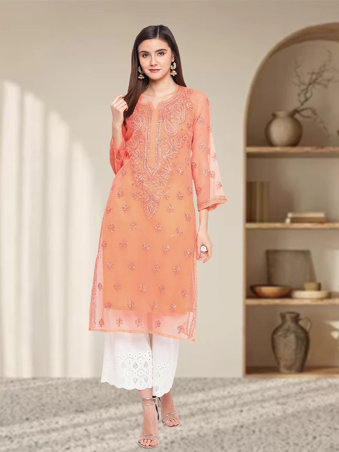 Ada Hand Embroidered Peach Georgette Lucknowi Chikankari Straight Kurta With Slip A100280