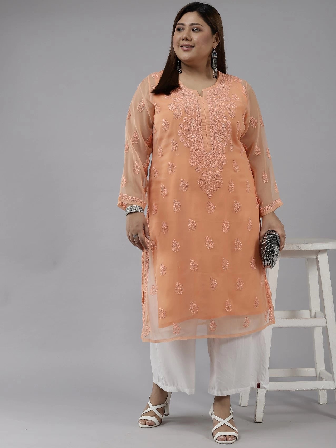 Ada Hand Embroidered Peach Georgette Lucknowi Chikankari Straight Kurta With Slip A100280