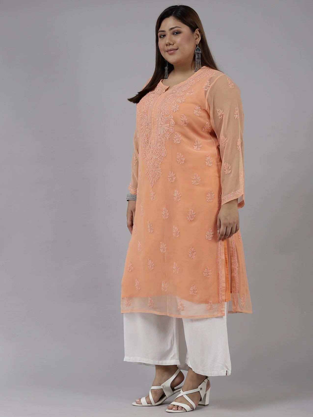 Ada Hand Embroidered Peach Georgette Lucknowi Chikankari Straight Kurta With Slip A100280