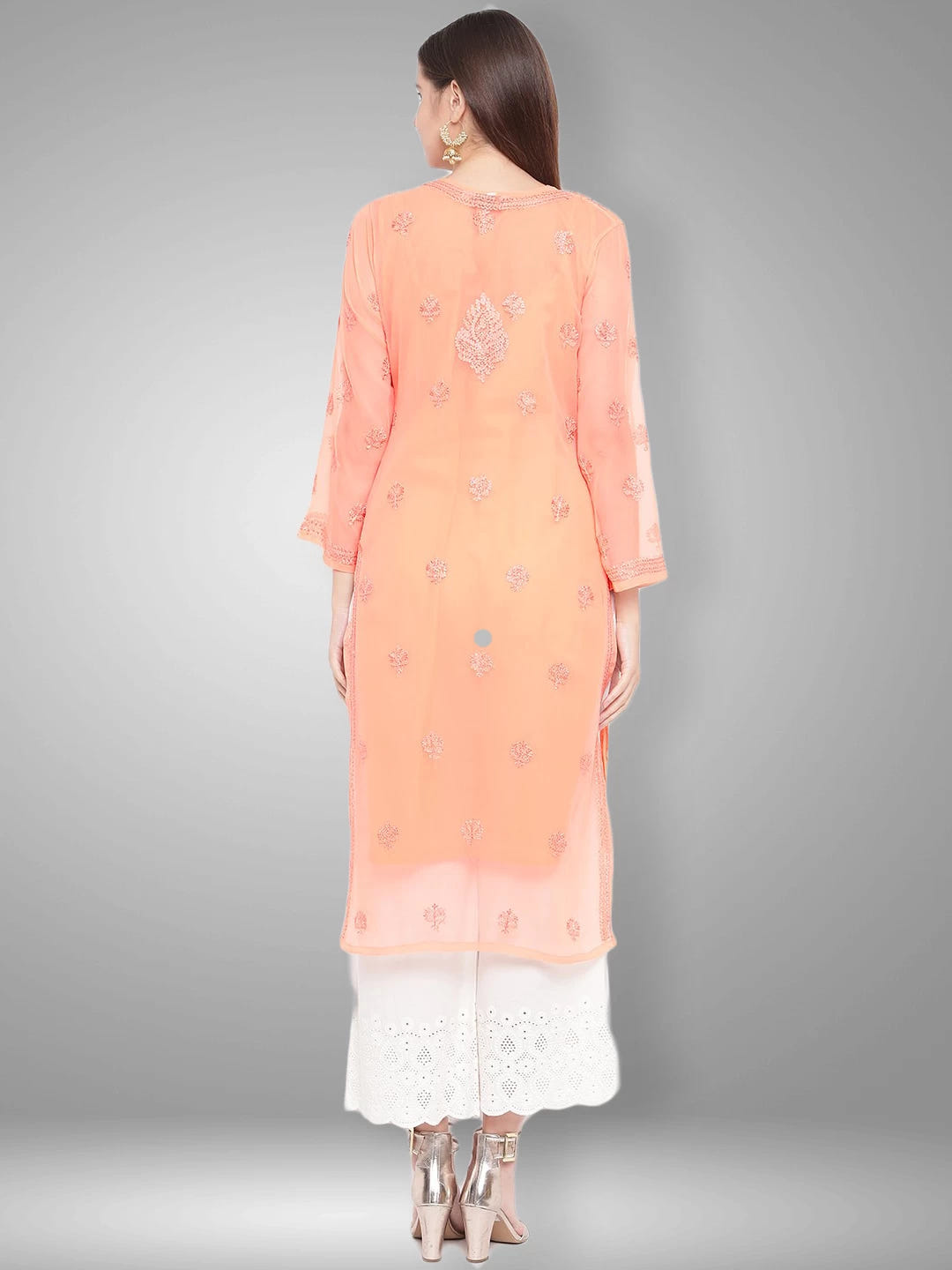 Ada Hand Embroidered Peach Georgette Lucknowi Chikankari Straight Kurta With Slip A100280