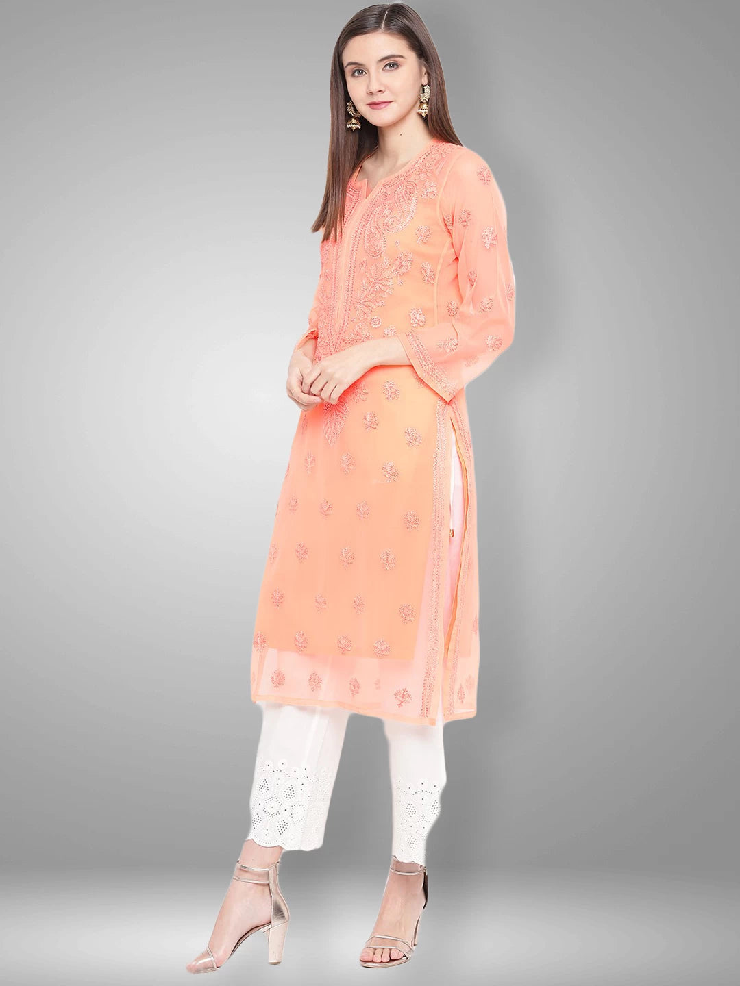 Ada Hand Embroidered Peach Georgette Lucknowi Chikankari Straight Kurta With Slip A100280