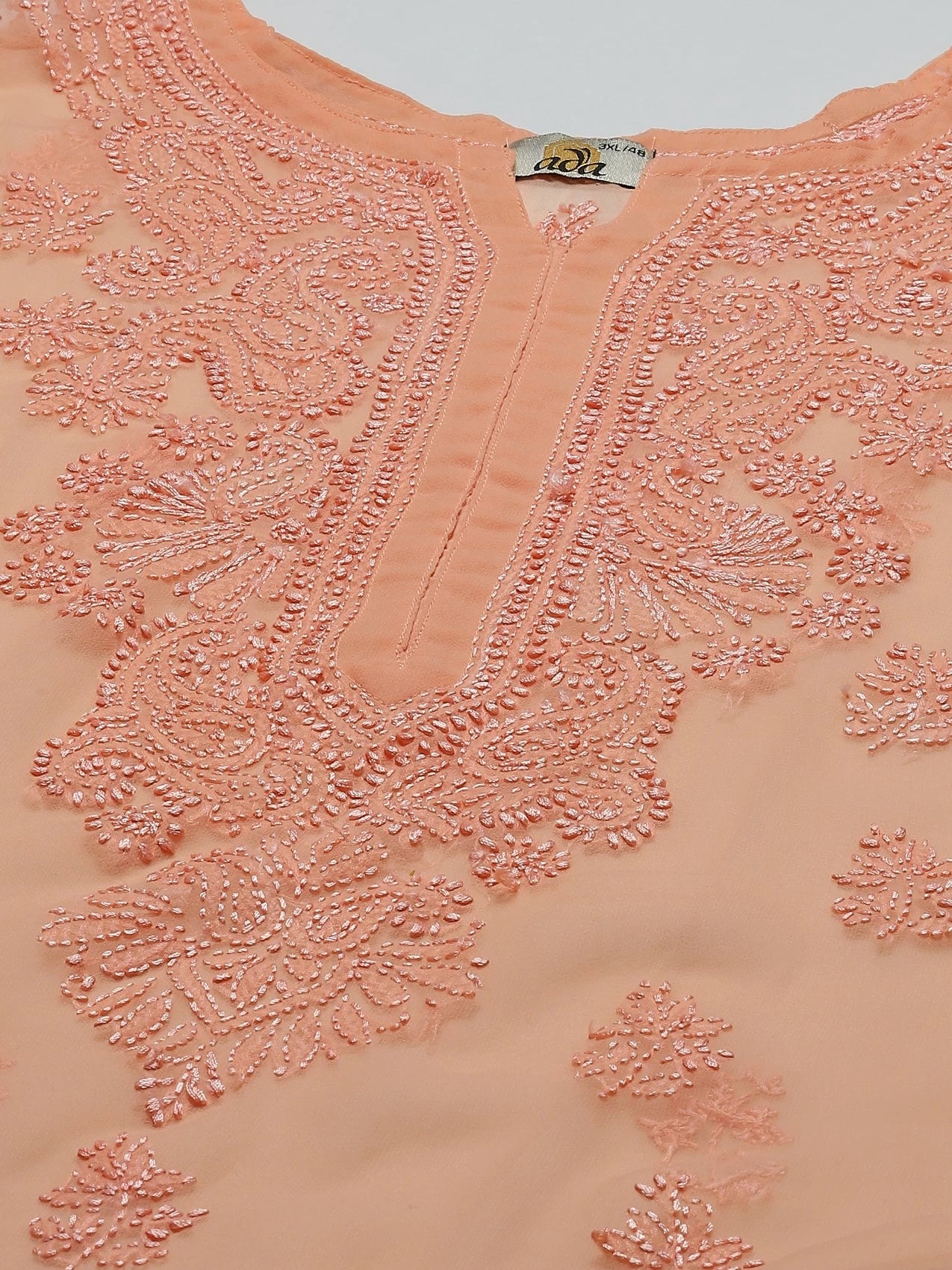 Ada Hand Embroidered Peach Georgette Lucknowi Chikankari Straight Kurta With Slip A100280