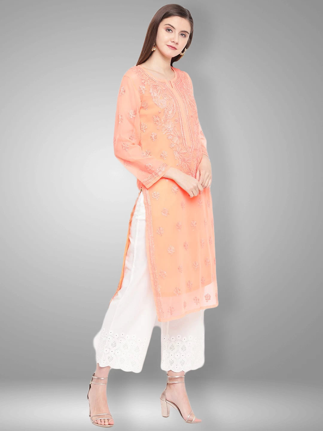 Ada Hand Embroidered Peach Georgette Lucknowi Chikankari Straight Kurta With Slip A100280
