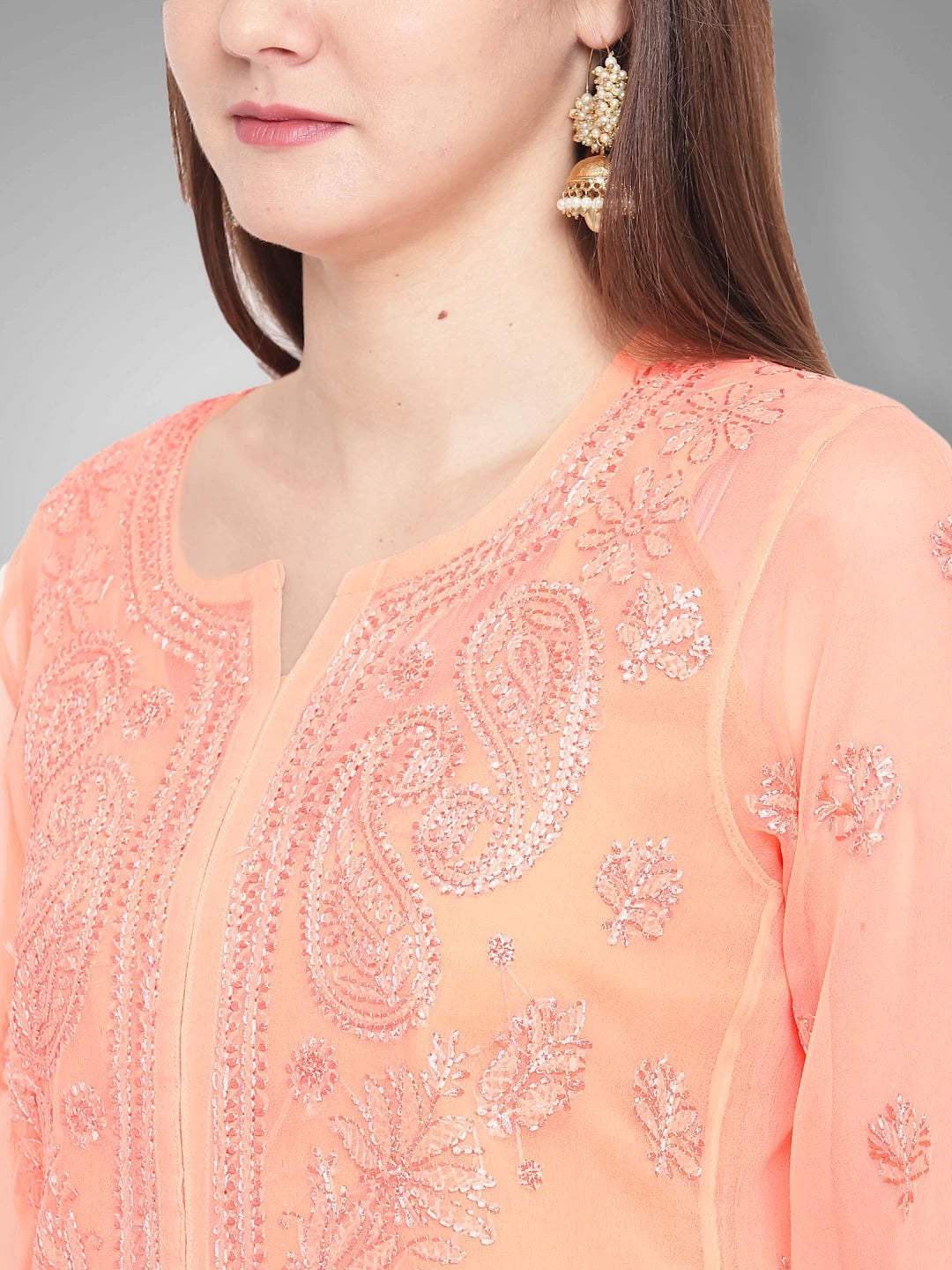 Ada Hand Embroidered Peach Georgette Lucknowi Chikankari Straight Kurta With Slip A100280