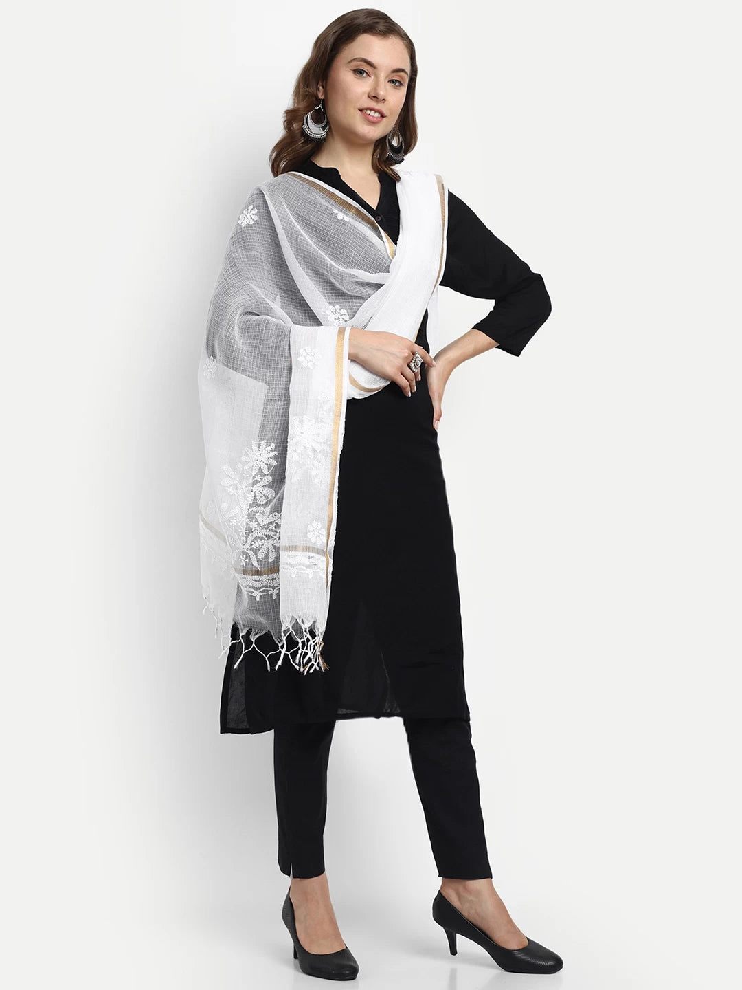 Ada Hand Embroidered White Kota Cotton Lucknowi Chikankari Dupatta 01A466859