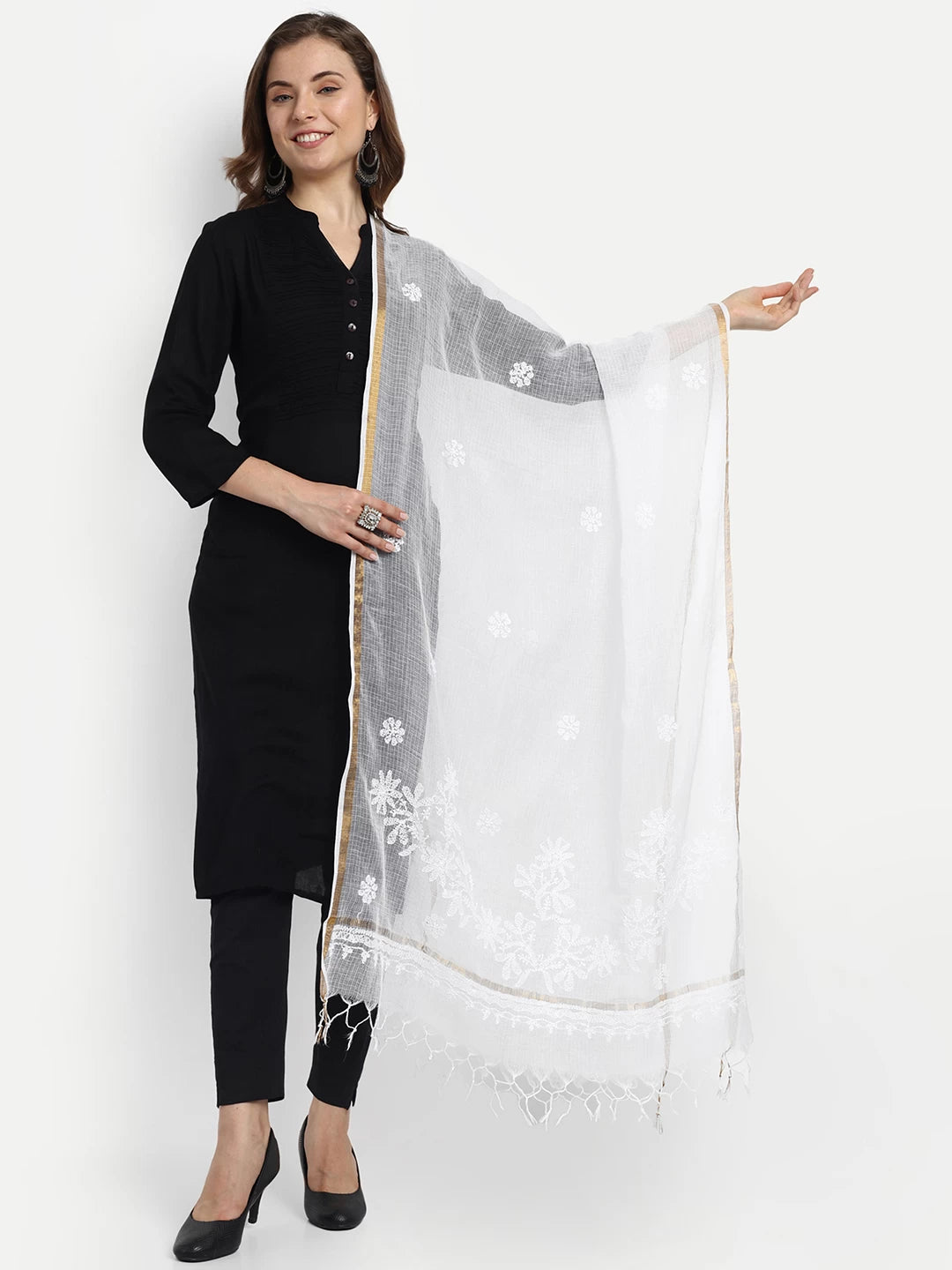 Ada Hand Embroidered White Kota Cotton Lucknowi Chikankari Dupatta 01A466859