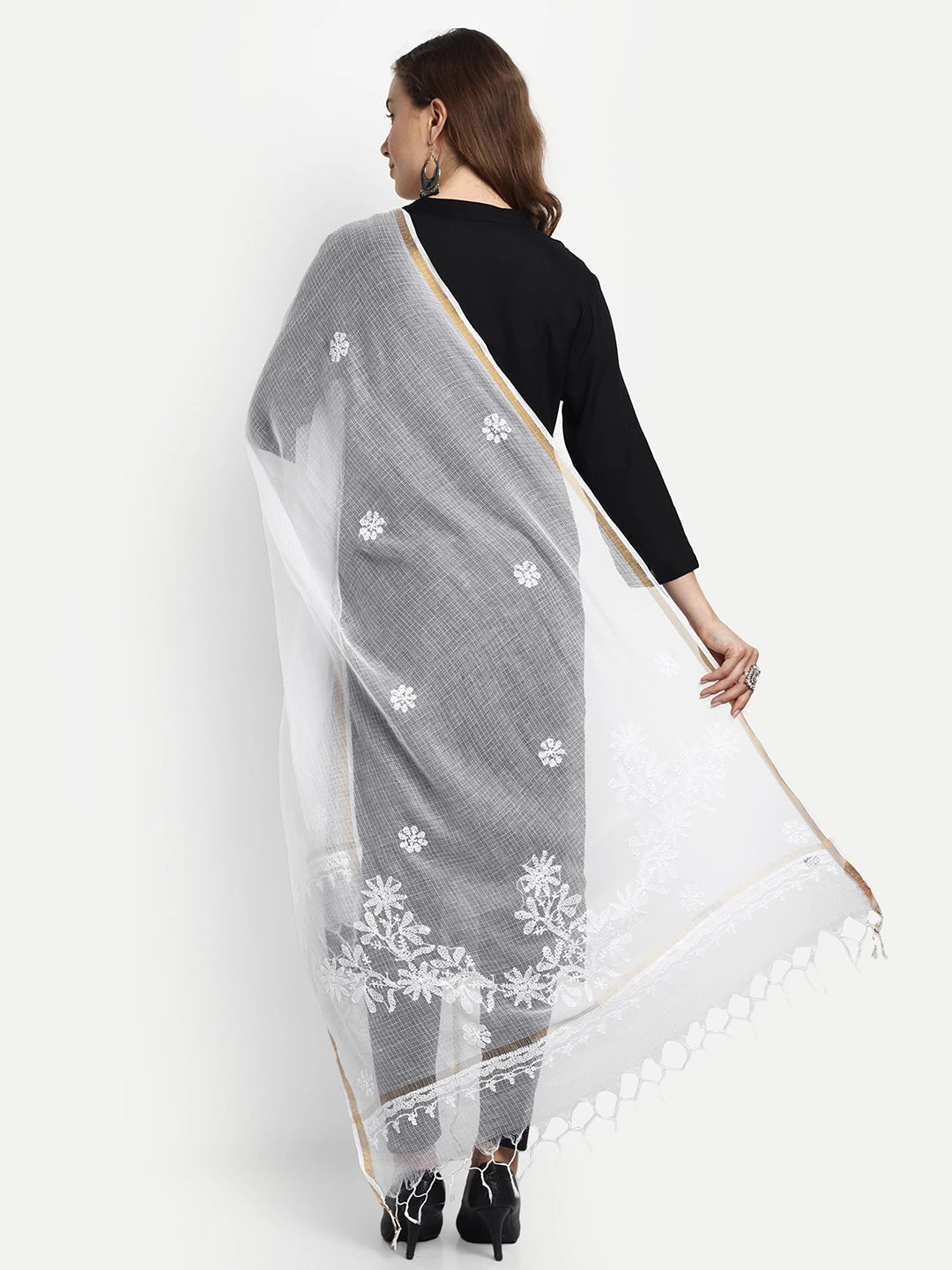 Ada Hand Embroidered White Kota Cotton Lucknowi Chikankari Dupatta 01A466859