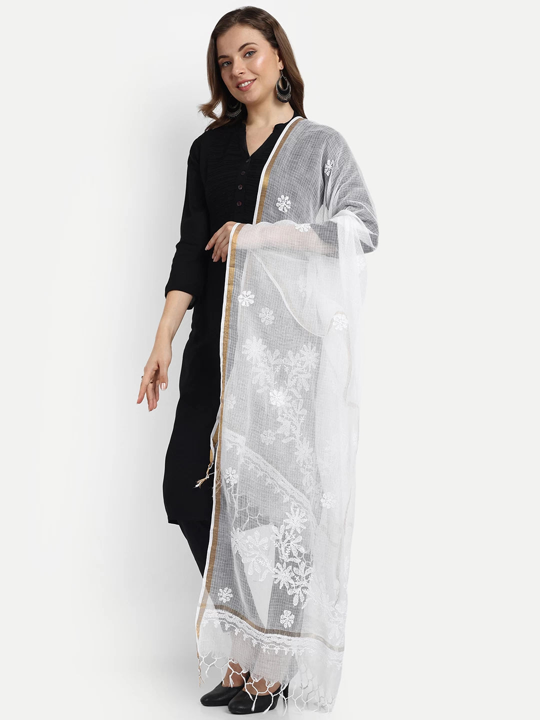 Ada Hand Embroidered White Kota Cotton Lucknowi Chikankari Dupatta 01A466859