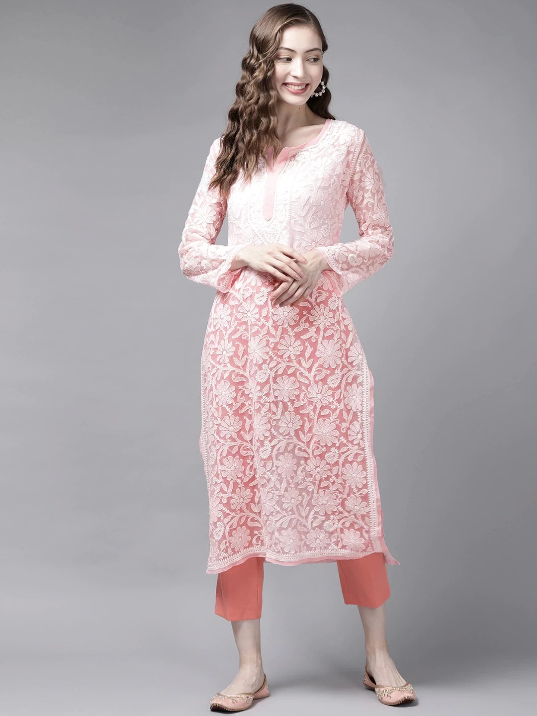 Ada Hand Embroidered Peach Georgette Lucknowi Chikankari Straight Kurta A96528