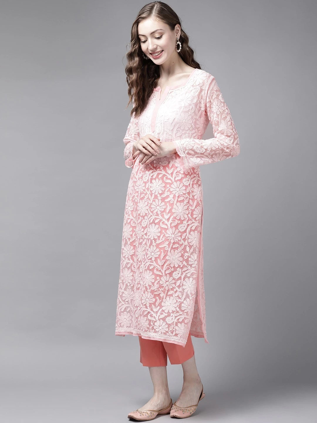 Ada Hand Embroidered Peach Georgette Lucknowi Chikankari Straight Kurta A96528