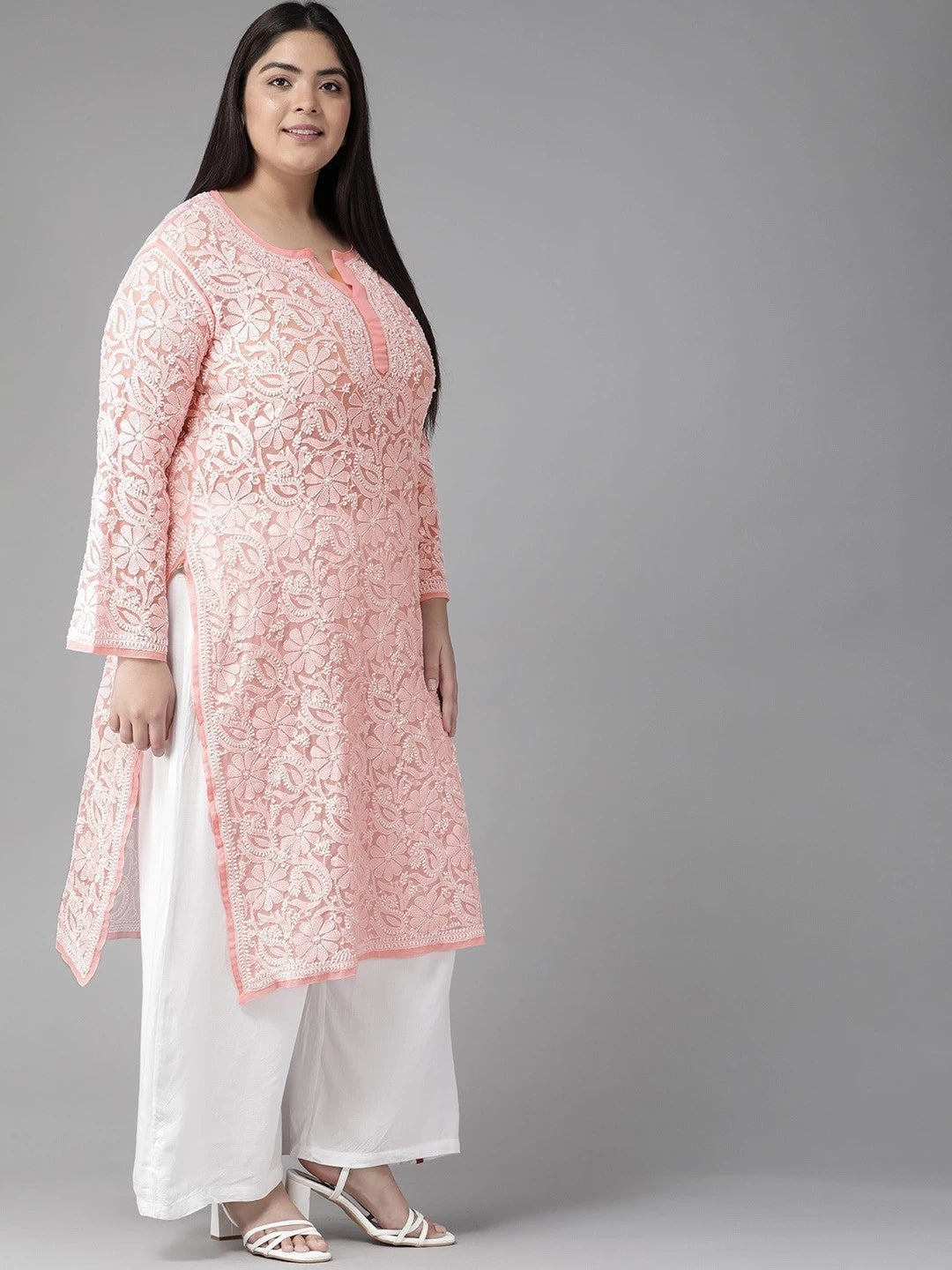 Ada Hand Embroidered Peach Georgette Lucknowi Chikankari Straight Kurta A96528