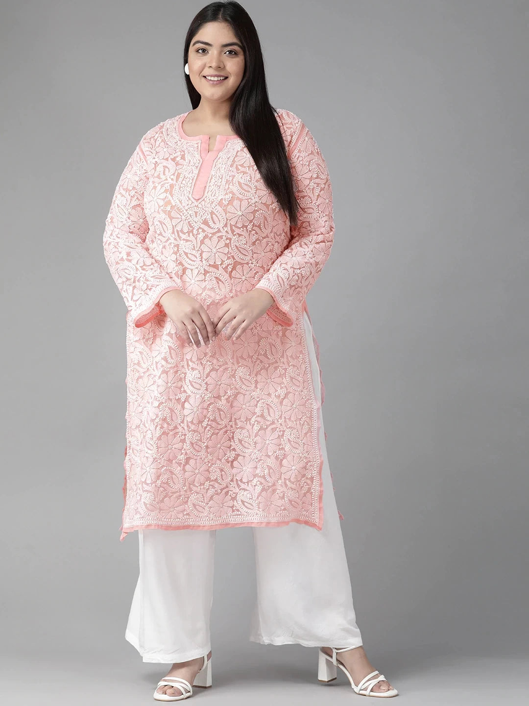 Ada Hand Embroidered Peach Georgette Lucknowi Chikankari Straight Kurta A96528
