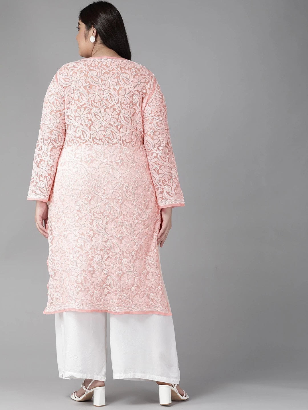 Ada Hand Embroidered Peach Georgette Lucknowi Chikankari Straight Kurta A96528