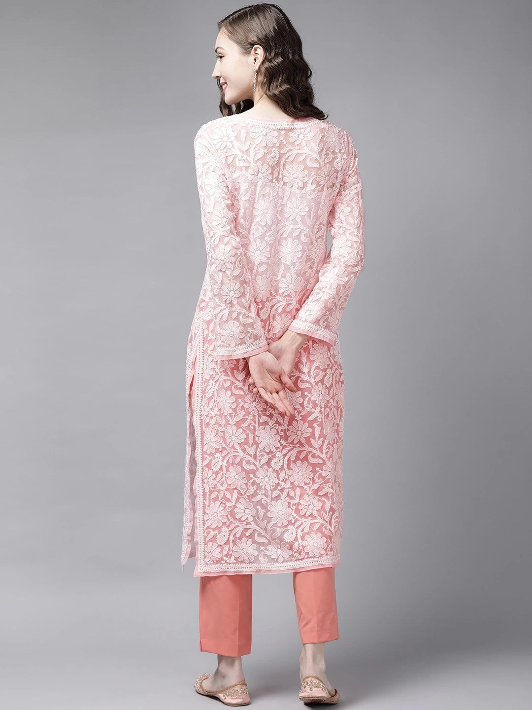 Ada Hand Embroidered Peach Georgette Lucknowi Chikankari Straight Kurta A96528