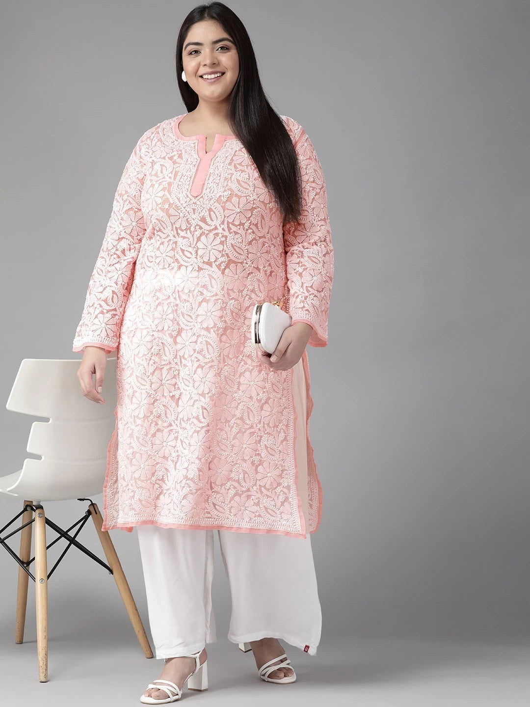 Ada Hand Embroidered Peach Georgette Lucknowi Chikankari Straight Kurta A96528