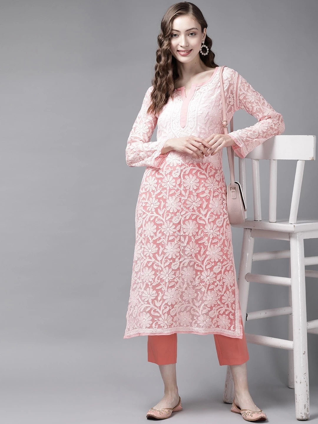 Ada Hand Embroidered Peach Georgette Lucknowi Chikankari Straight Kurta A96528