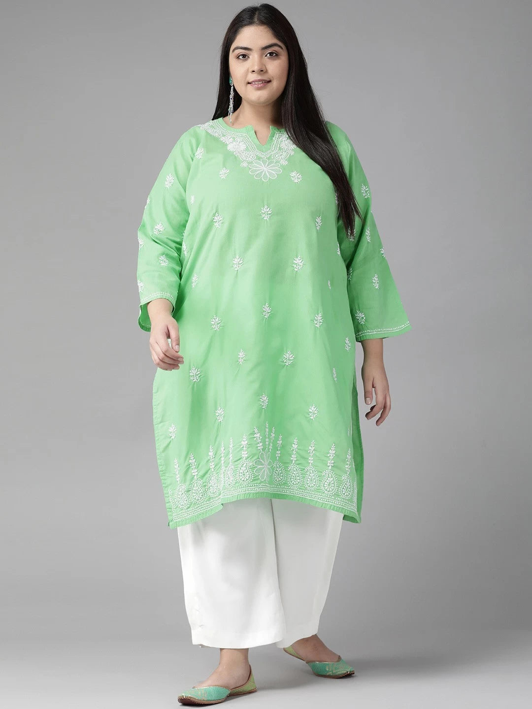 Ada Hand Embroidered Green Cotton Lucknowi Chikankari Straight Kurta A249042
