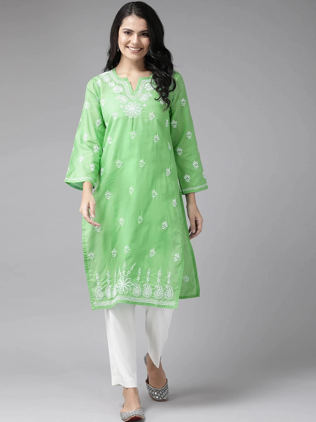 Ada Hand Embroidered Green Cotton Lucknowi Chikankari Straight Kurta A249042