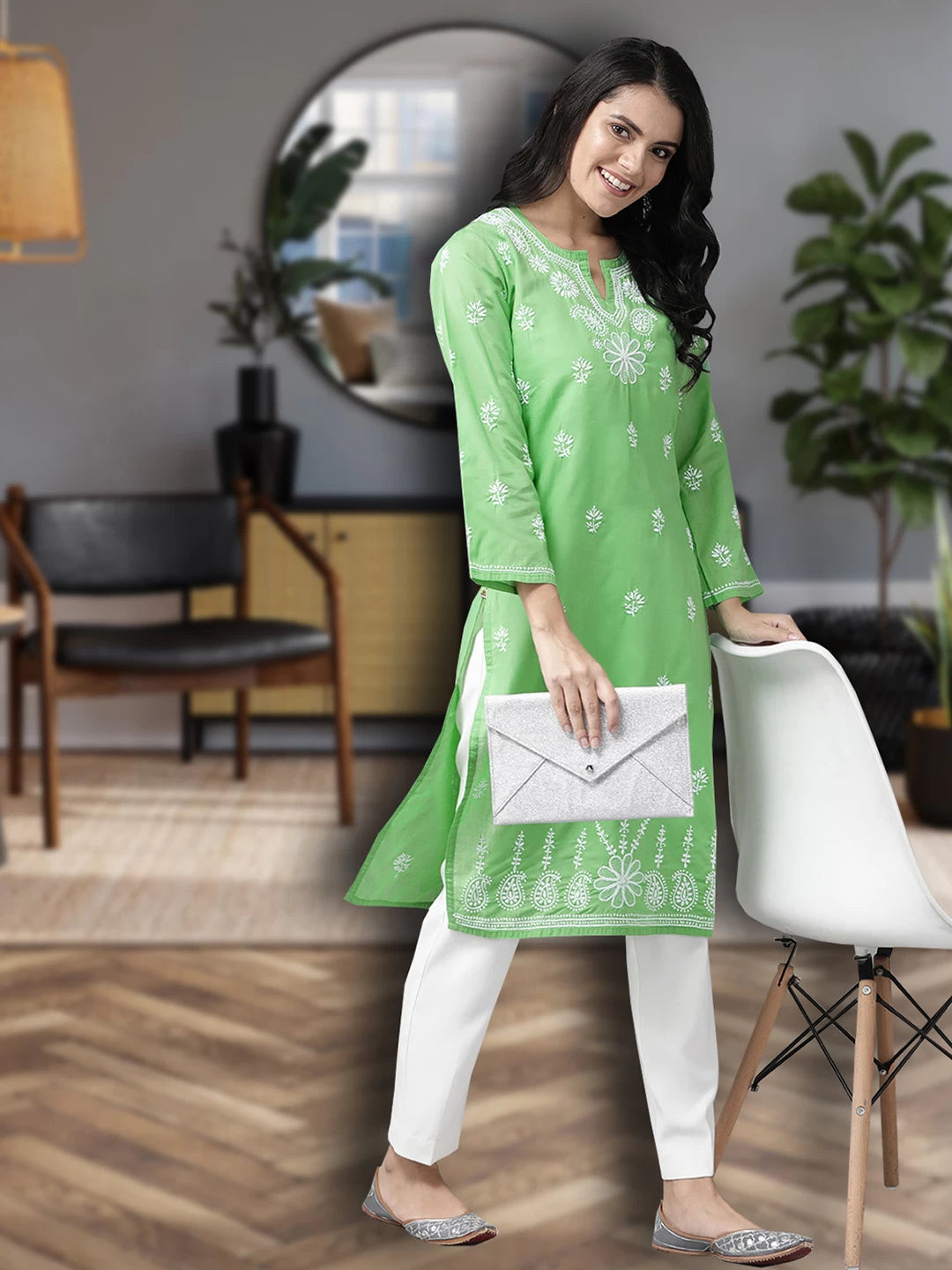 Ada Hand Embroidered Green Cotton Lucknowi Chikankari Straight Kurta A249042