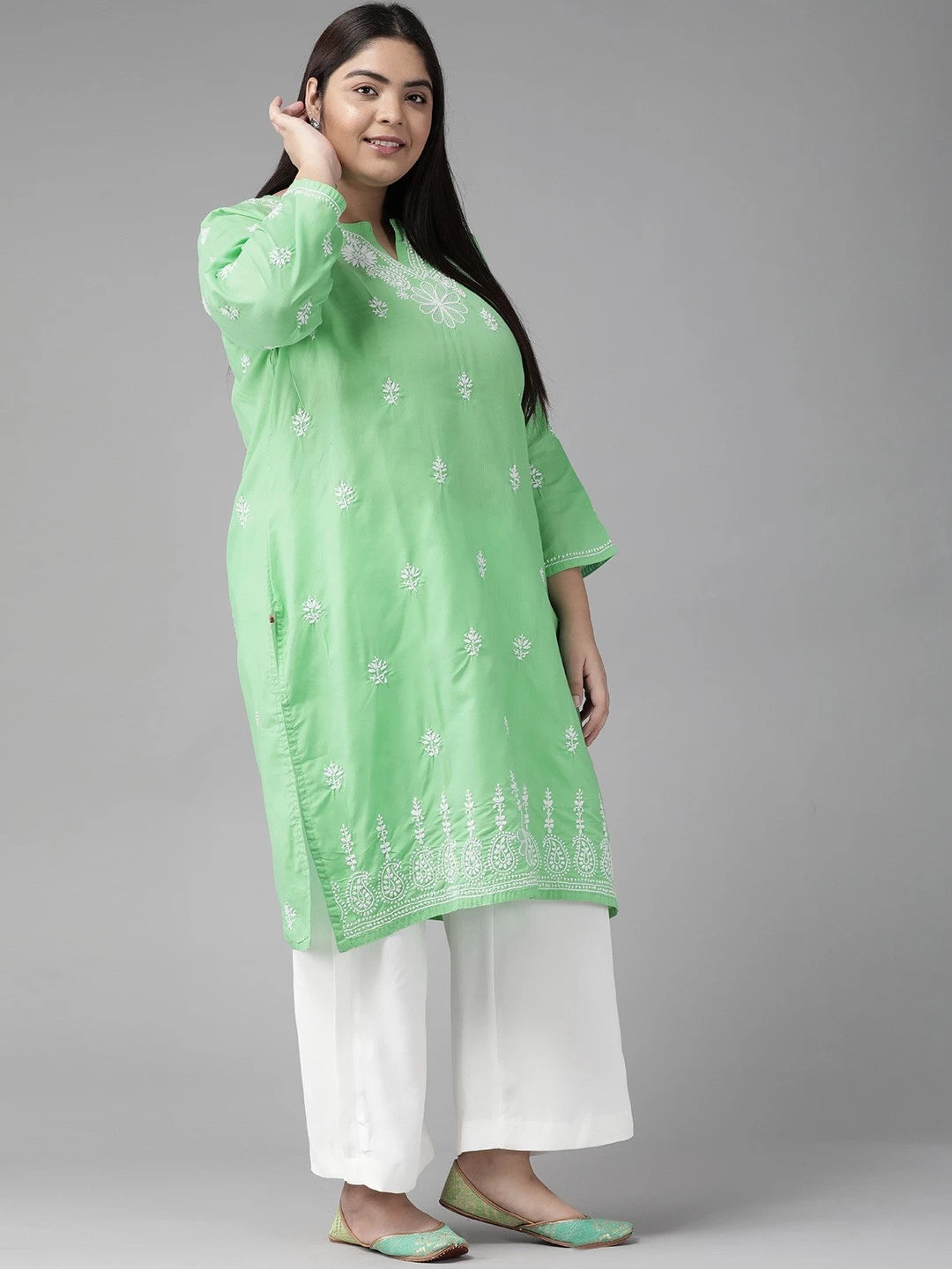 Ada Hand Embroidered Green Cotton Lucknowi Chikankari Straight Kurta A249042