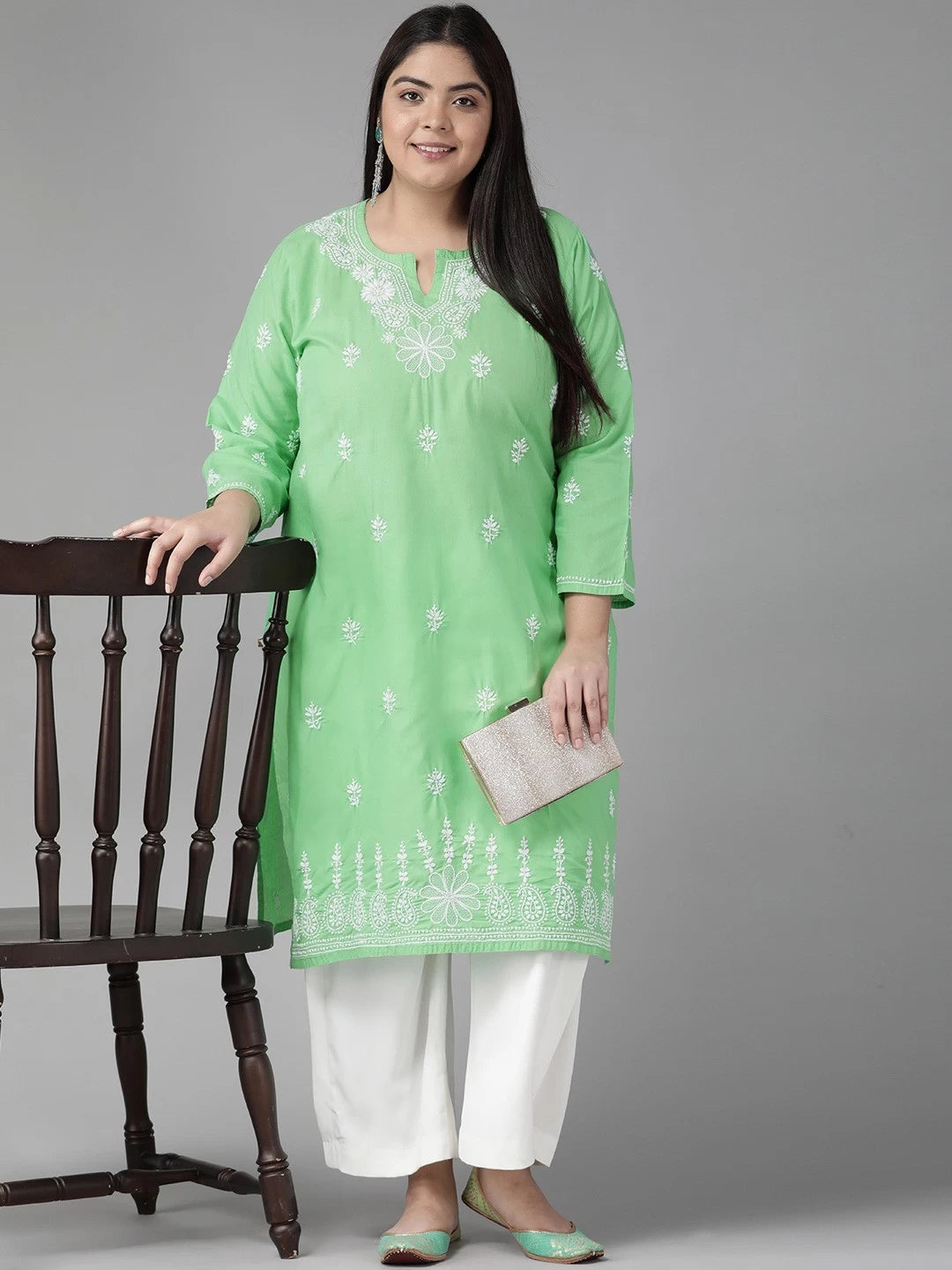 Ada Hand Embroidered Green Cotton Lucknowi Chikankari Straight Kurta A249042