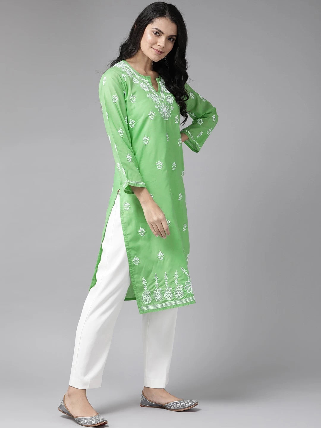 Ada Hand Embroidered Green Cotton Lucknowi Chikankari Straight Kurta A249042